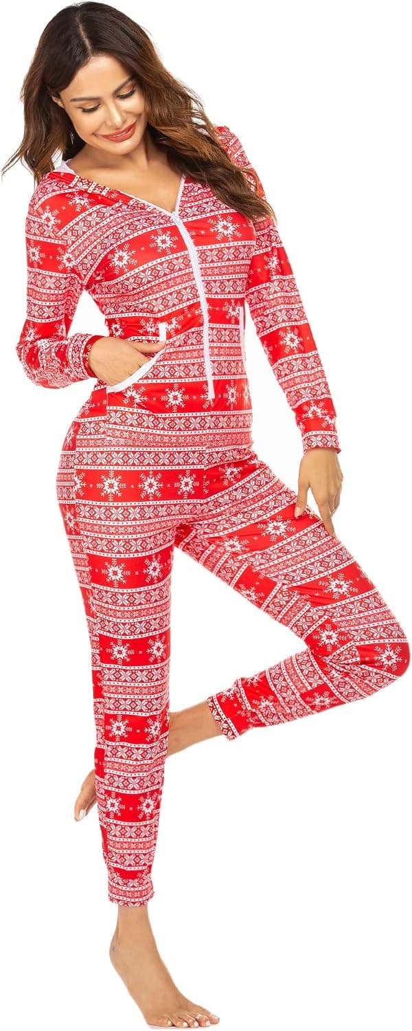 Ekouaer Women Hooded Jumpsuit Long Sleeve Onesies Zip Up One Piece Pajamas Novelty Sleepwear for Women