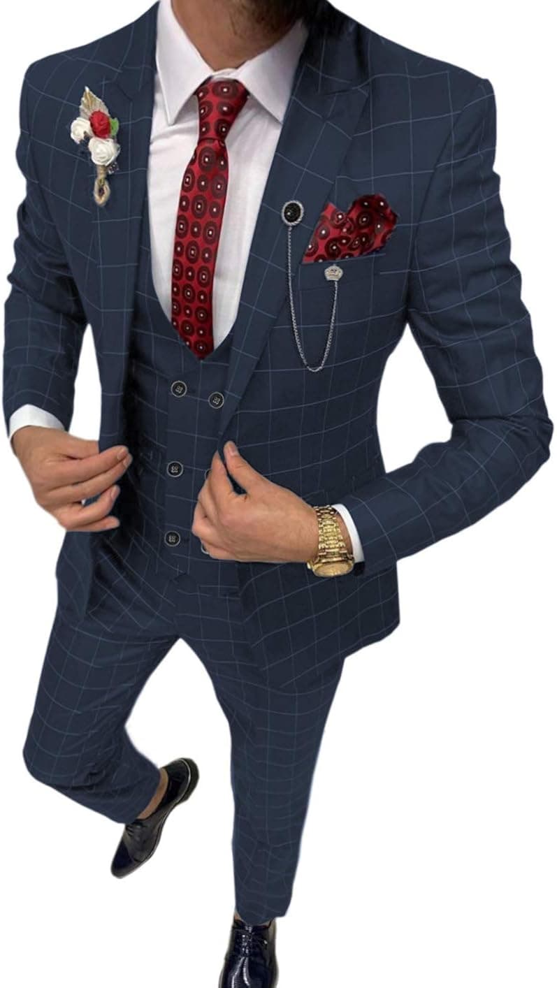 Lovee Tux Men's Plaid Suits 3 Pieces Notch Lapel Wedding Groom Tuxedos Mens Summer Dinner Prom Suits