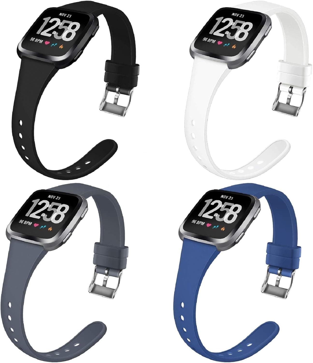 Coperr 4 Packs Bands Compatible with Fitbit Versa/Fitbit Versa 2/Fitbit Versa Lite for Women Men, Narrow Slim Soft Silicone Replacement Wristband for Fitbit Versa Smart Watch with Buckle Design