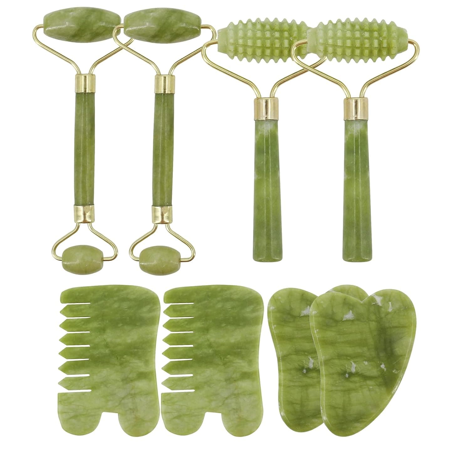 SearQing Jade Roller Gua Sha Set,4pcs Facial Ridged Roller Kits Skin Roller with 4pcs Gua Sha Scraping Massage Tools,Anti Aging and Wrinkles for Face, Eye, Neck, Body for Lymphatic Massage