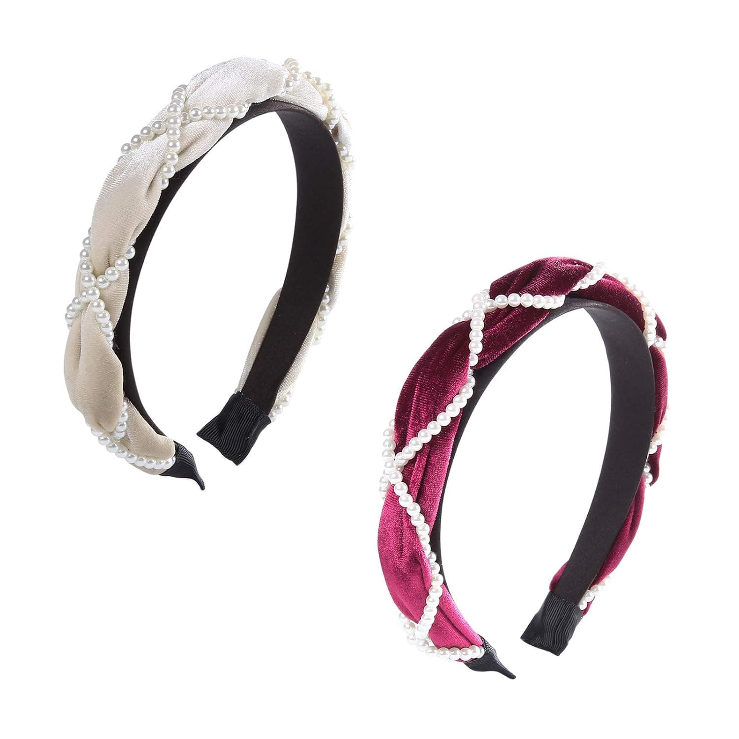AWAYTR Velvet Padded Pearl Embellished Headband Large Padded Velvet Races Goth Wedding Headpiece for Women (Wine red+Grey White)