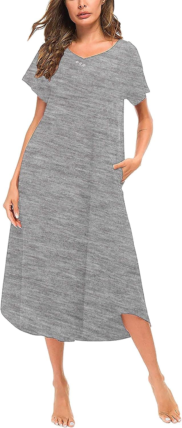 MAKARTHY Women's Nightgown Loungewear Ultra-Soft Nightshirt Full Length Sleepwear with Pockets Plus Size Grey, XX-Large