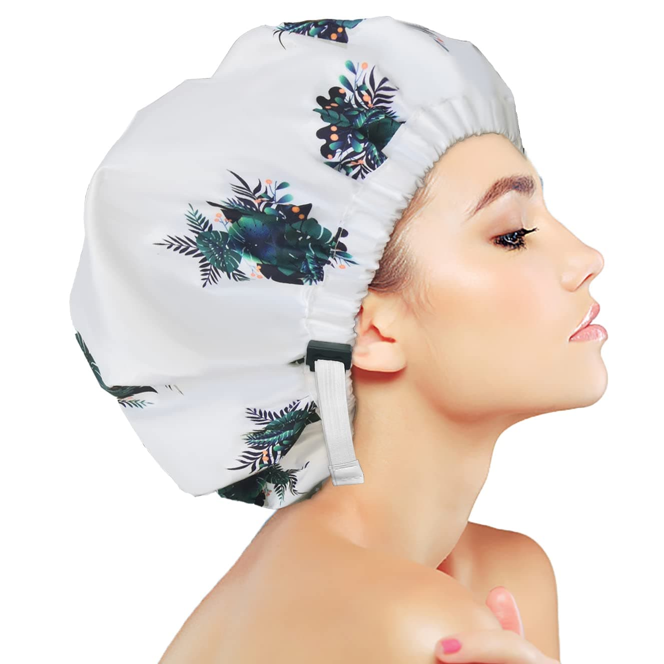Ghaywrah Shower Cap for Women/Men, Reusable Waterproof Large Shower Cap With An Adjustable Feature In Size, Shower Hair Cap Oversized for All Hair Lengths(Botanical Leaves Pattern Printed)