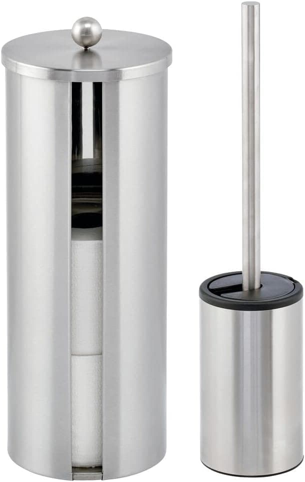 mDesign Stainless Toilet Paper Storage - Covered Bowl Brush and Holder Canister for Bathroom Storage - Free Standing Organizer Container Stand for 3 Extra Rolls of Toilet Tissue - Brushed Steel