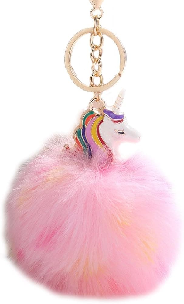 BAOBAO Rainbow Faux Rex Rabbit Fur Unicorn Horn Ball Pompom Pendant Car Keychain Keyring