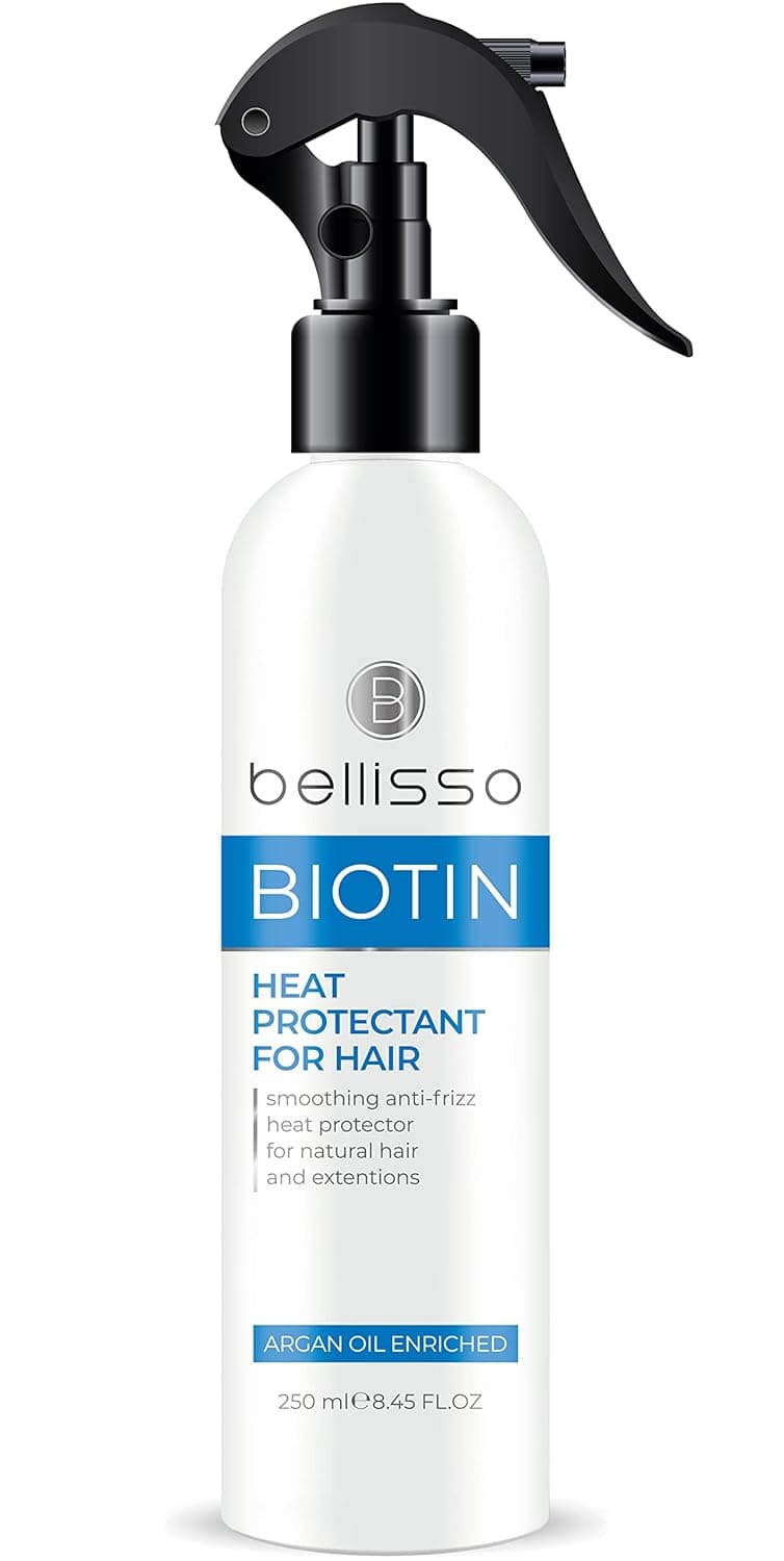 BELLISSO Biotin Heat Protectant Spray for Hair with Moroccan Argan Oil - Leave in Deep Conditioner for Dry Damaged Hair - Thermal Protection Styling and Treatment Products for Women