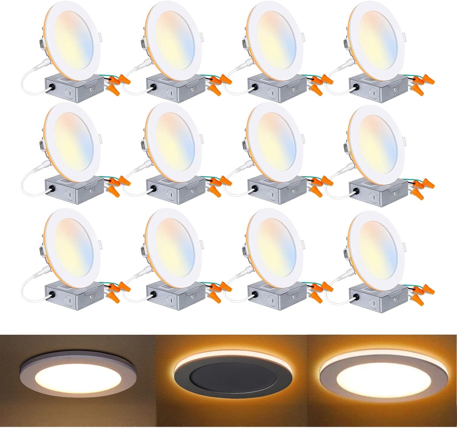 Mounight 12 Pack 6 Inch 5CCT LED Recessed Ceiling Light with Night Light, CRI90, 14W=100W, 1200lm, 2700K/3000K/3500K/4000K/5000K, Can-Killer Downlight, J-Box Included