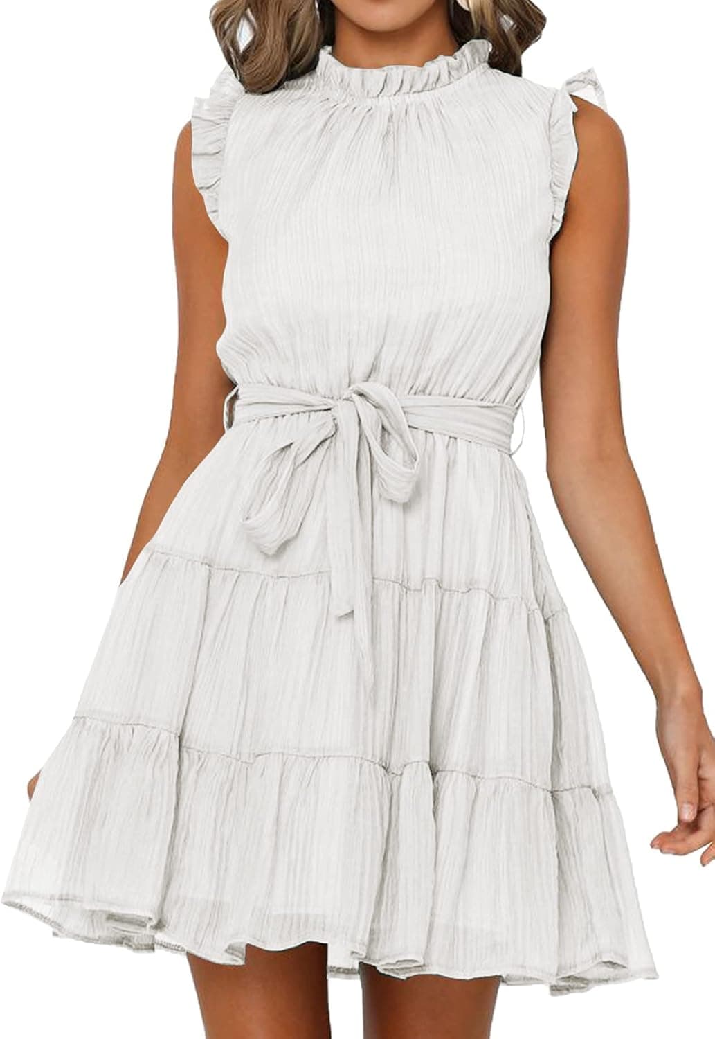 FARYSAYS Women's 2023 Summer Sleeveless Ruffle Waist Tie Casual Tiered Mini Swing Dress