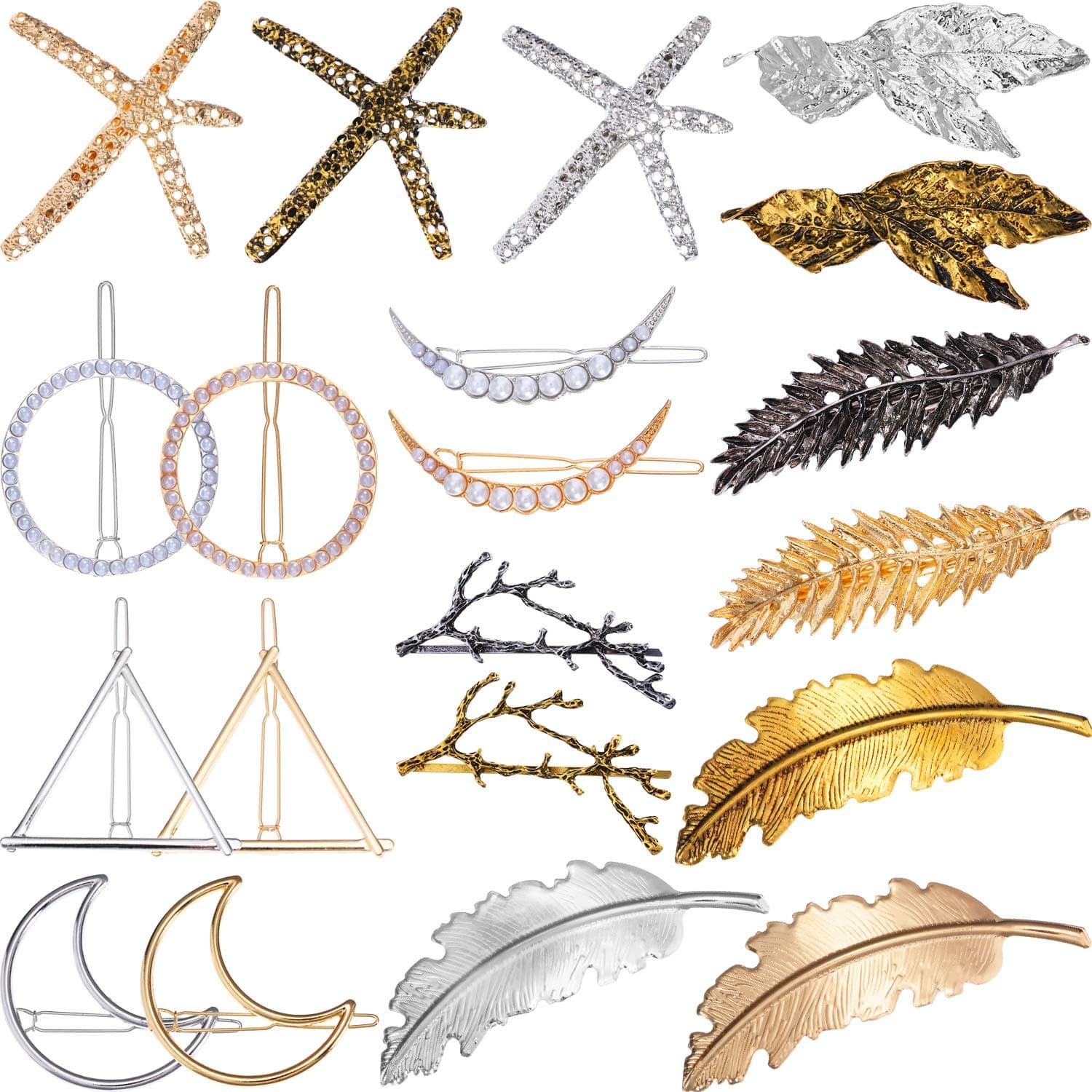 Jetec 20 Pieces Vintage Hair Clips Moon Triangle Circle Feather Hair Clips Metal Hair Barrettes Hair Pins for Women Girls, Gold and Silver