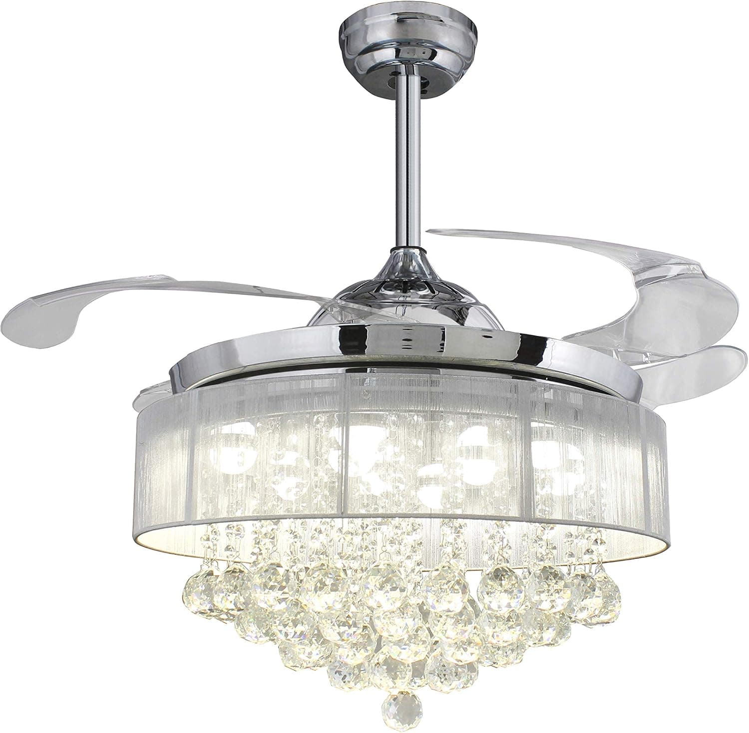 42 Inches Crystal Drum Shade Chandelier Clear Retractable Invisible Blades LED Ceiling Fan Remote Control 4000K Cool White Not Dimmable Chrome Drum Shade White