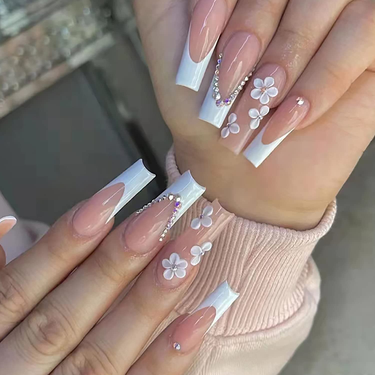 French Tip Press on Nails Long Coffin Fake Nails Spring Flower Acrylic False Nails with Rhinestones Designs Glossy Nude Stick on Nails White Nail Tip Artificial Nails for Women Girls Nail Decoration