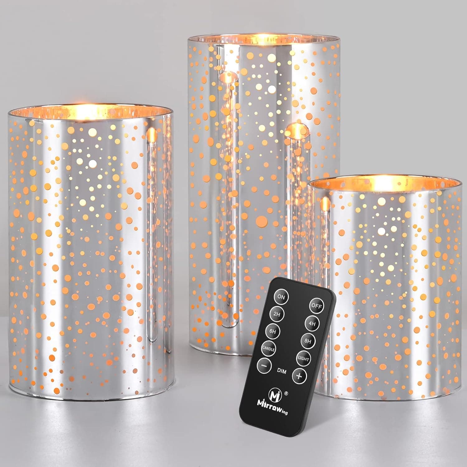 M Mirrowing LED Flameless Candles Battery Operated with Remote and Timer,Realistic Flickering Flameless Candles,Mercury Glass Led Pillar Candles, Set of 3 (D 3"×H 4" 5" 6") Moonlight Silver