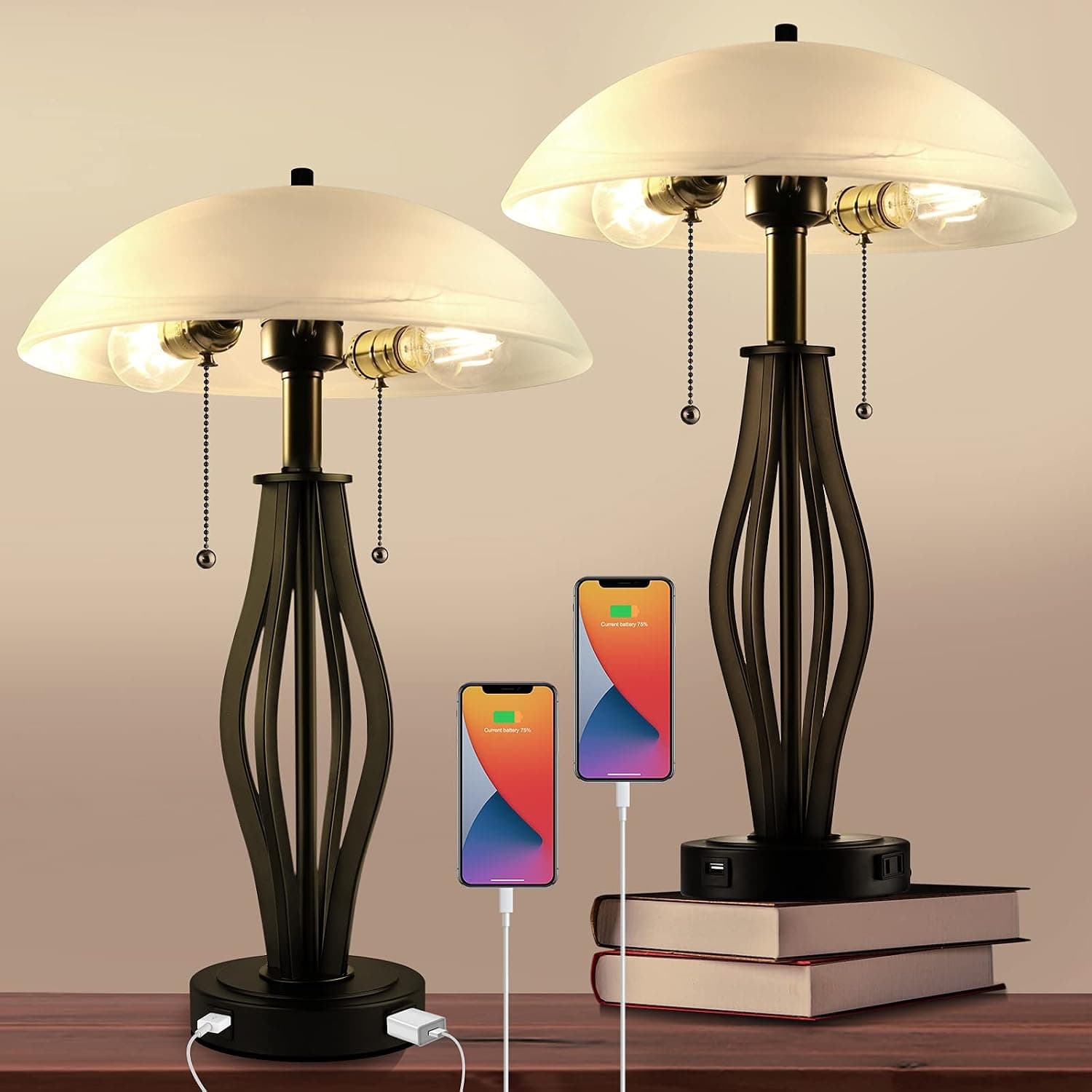 Bedside Table Lamps for Living Room End Tables Set of 2 with 2 USB Port and Outlet Mid-Century Nightstand Lamps for Bedroom