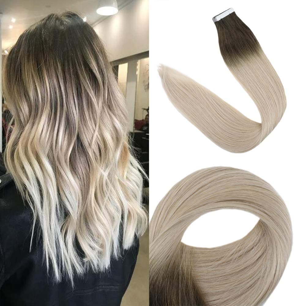 Fshine Balayage Hair Extension Tape Ins 16 Inch 50 Grams Double Sided White Tapes Hair Extensions Color Cold Brown Fading To Light Blonde Extension Ombre