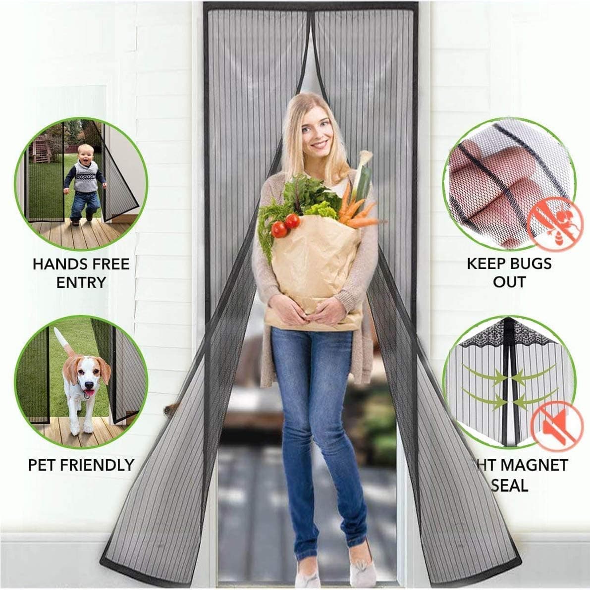 Magnetic Screen Doors New 2018 Patent Pending Design Full Frame Velcro and Fiberglass Mesh Polyester This Instantly Retractable Bug Screen. (Fits Doors up to 36 x 82-inch) (36-82)-mkij
