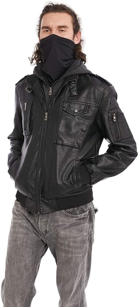 Men's Faux PU Leather Jacket Motorcycle Biker Zip Up Stand Collar Warm Jacket with Removable Hood （Free mask included）