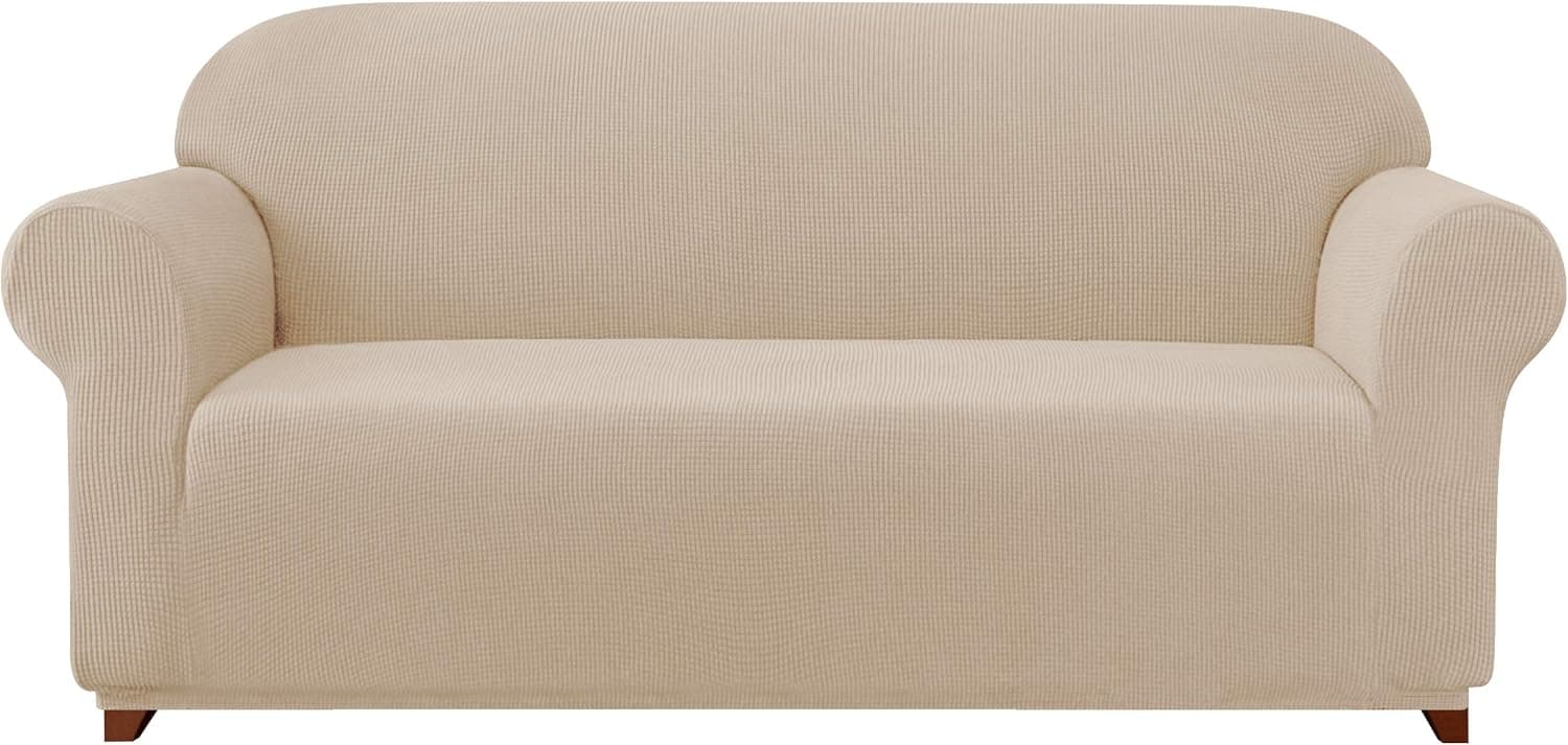 subrtex Sofa 1-Piece Stretch Slipcover Soft Couch Washable Furniture Covers Jacquard Fabric Small Checks(Camel,Medium)