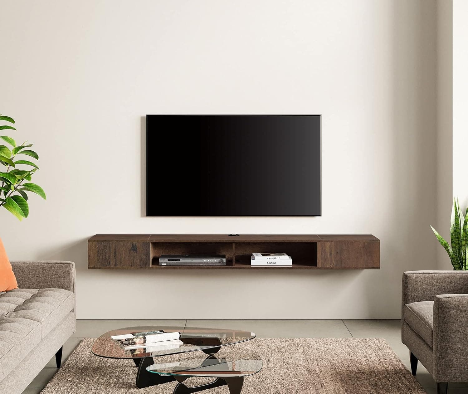WAMPAT TV Stand with LED Lights for 65/70/75 inch TVs, Wall Mounted Shelf Under TV Cabinet, Entertainment Center Media Console with Storage for Living Room and Bedroom, Brown