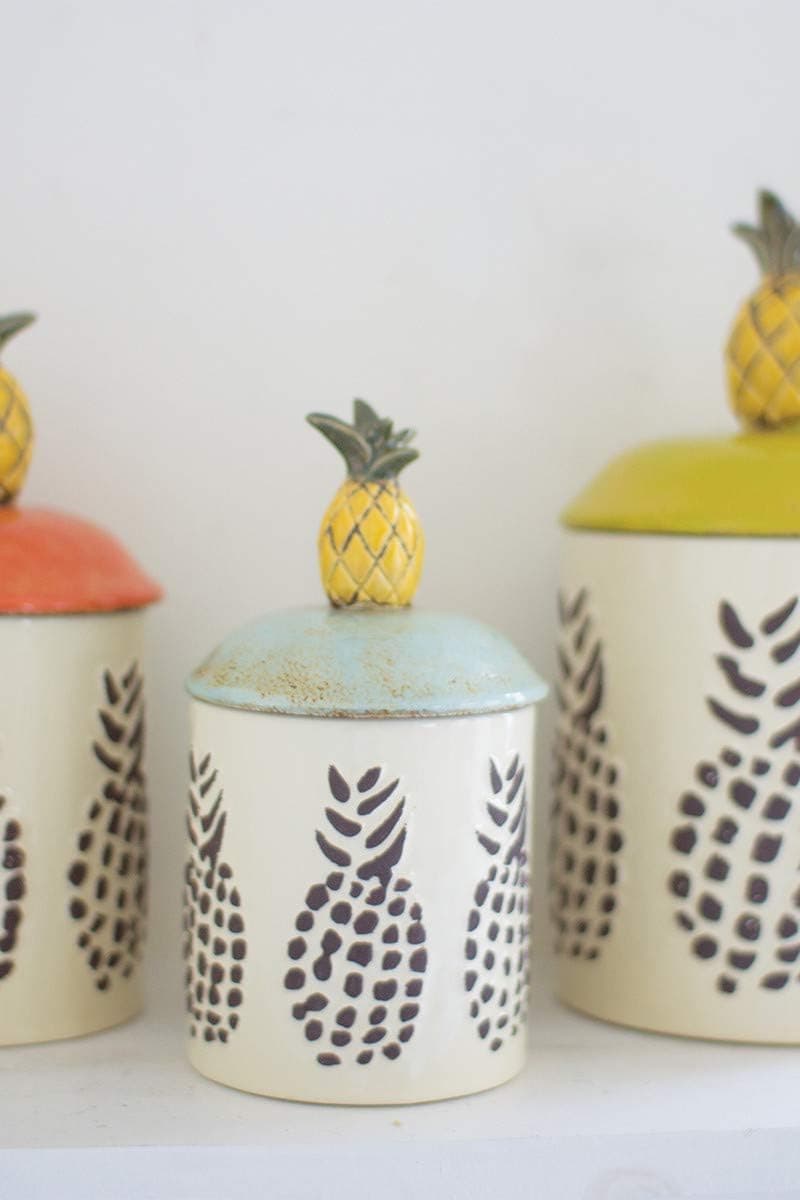 Kalalou CDV1826 Set of Three Ceramic Pineapple Canisters, Multi-Color