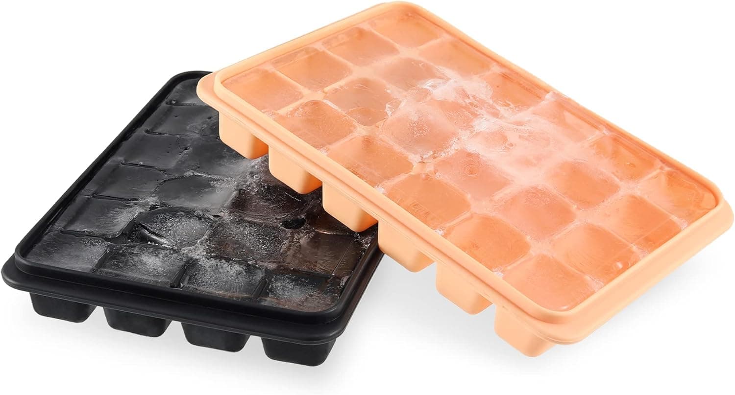 Vzaahu 2-Pack Ice Cube Trays with Lid Silicone Black & Orange - Flexible 24-Ice Cubes Molds Easy Release Ice Trays with Spill-Resistant Removable Cover, Dishwasher Safe and Stackable Durable