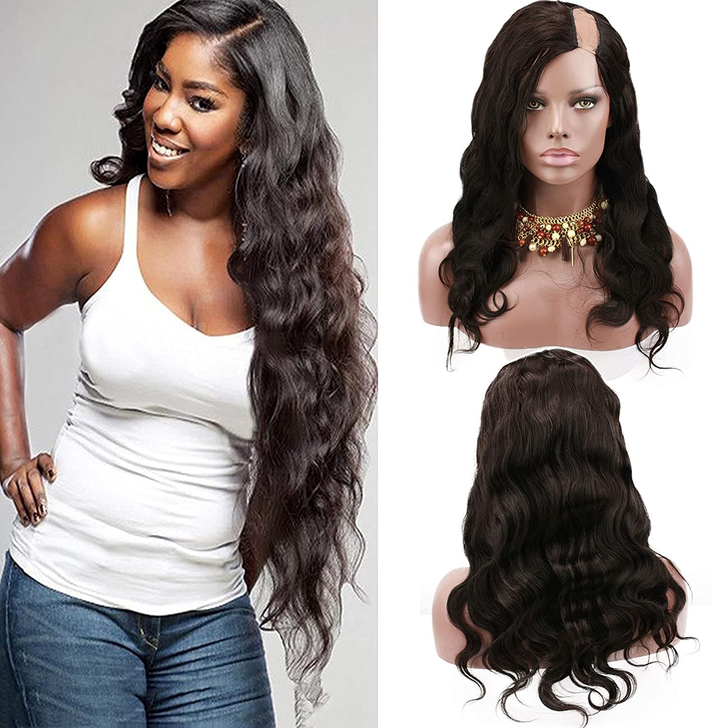 Rossy&Nancy 10A U Part Wig 100% Brazilian Remy Human Hair Body Wavy Free Part Natural Black Color 130% Density 14inch3