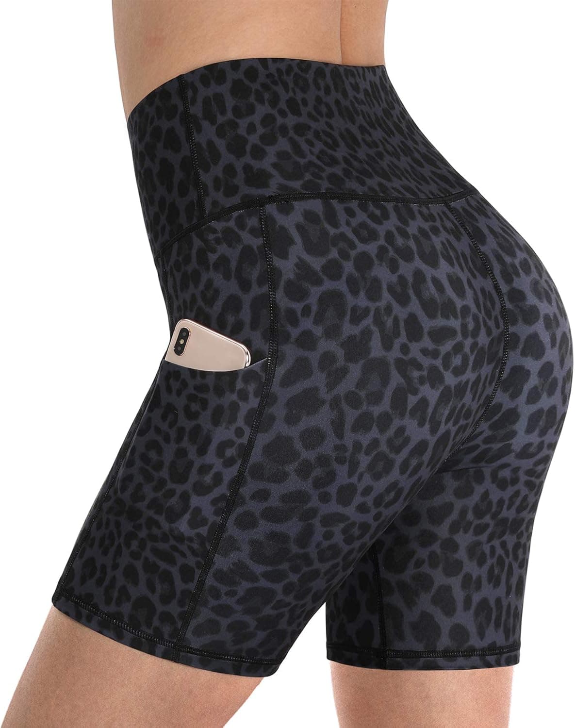 Promover Womens High Waisted Yoga Shorts with Pockets Dark Leopard 5" Compression Biker Shorts Spandex (Deep Grey Leopard, XL)