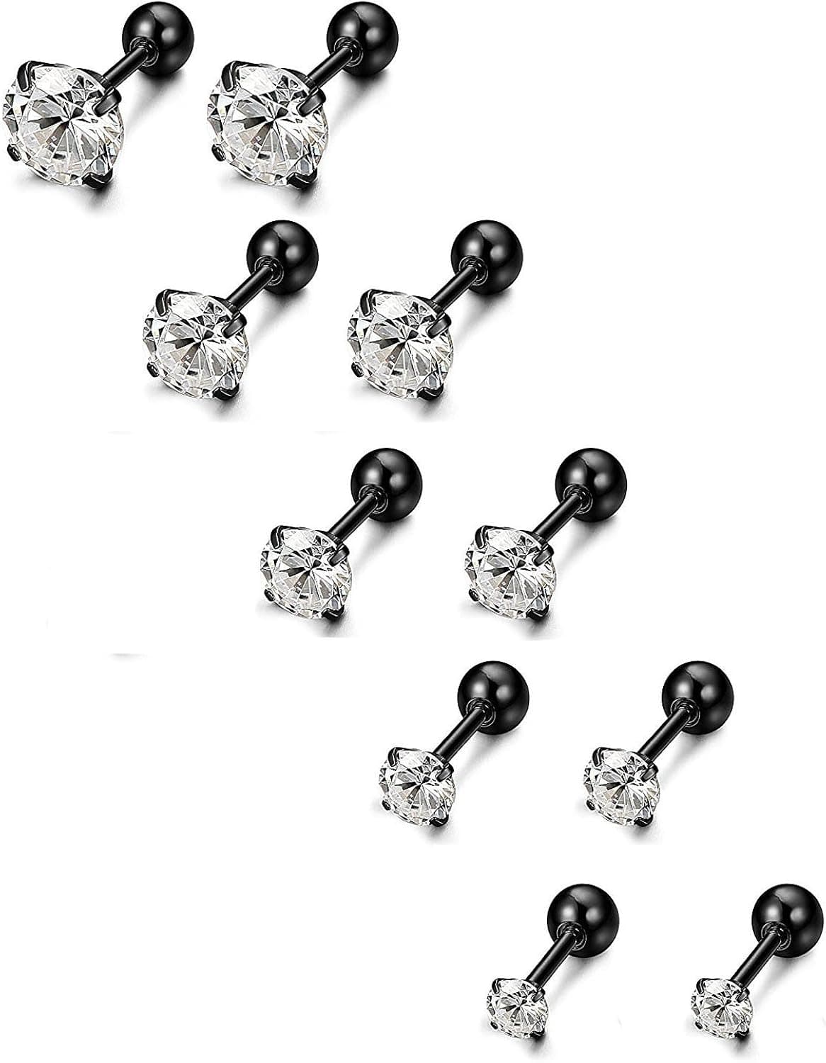 YINQAG 5 Paris Stainless Steel Mens Womens Stud Earrings Cartilage Ear Piercings CZ Helix Tragus Barbell Earrings 3-7mm (Black)