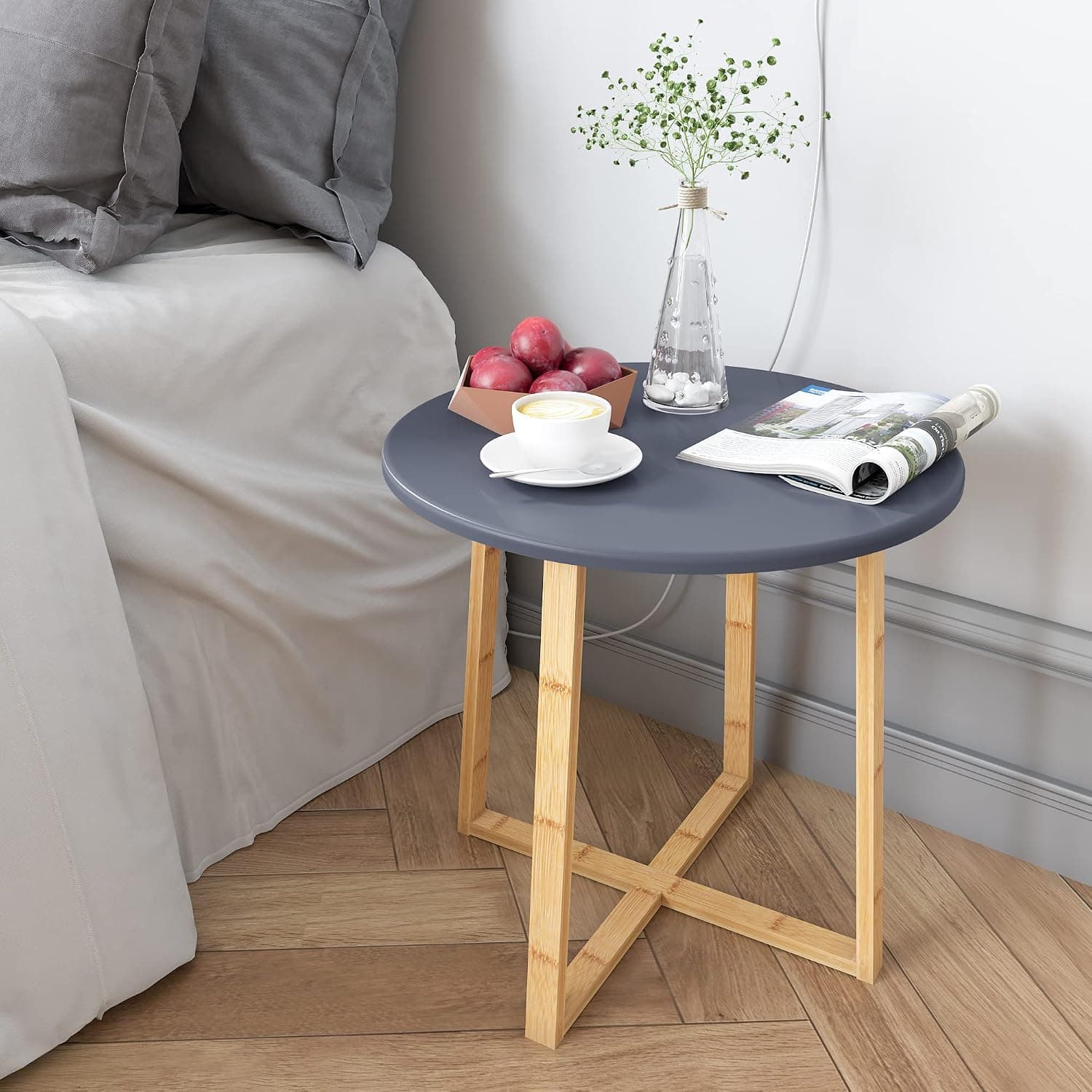 BAMEOS Side Table Modern Nightstand Round Side End Accent Coffee Table Bedside Table for Living Room Bedroom Balcony Family and Office in Grey (19.7inx18.7in)