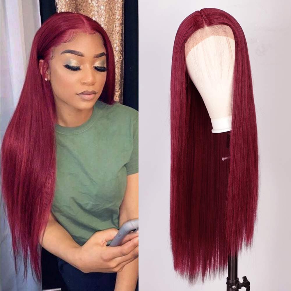 ENTRANCED STYLES Red Lace Front Wigs for Women Synthetic Long Straight Wigs Middle Parting Heat Resistant Fiber Natural Looking 30inch