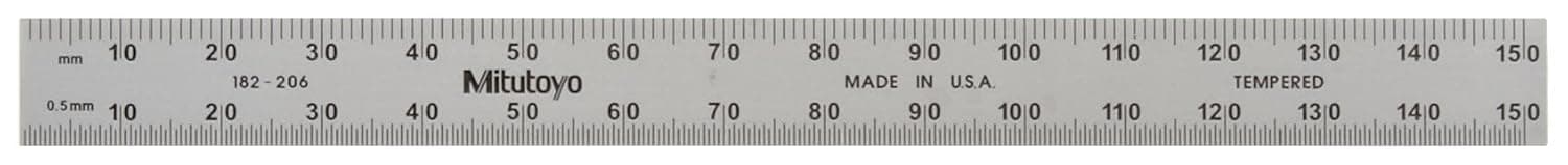 Mitutoyo 182-206, Steel Rule, 6"/150mm, (1/50", 1/100", 1mm, 1/2mm), 1/64" Thick X 1/2" Wide, Satin Chrome Finish Tempered Stainless Steel