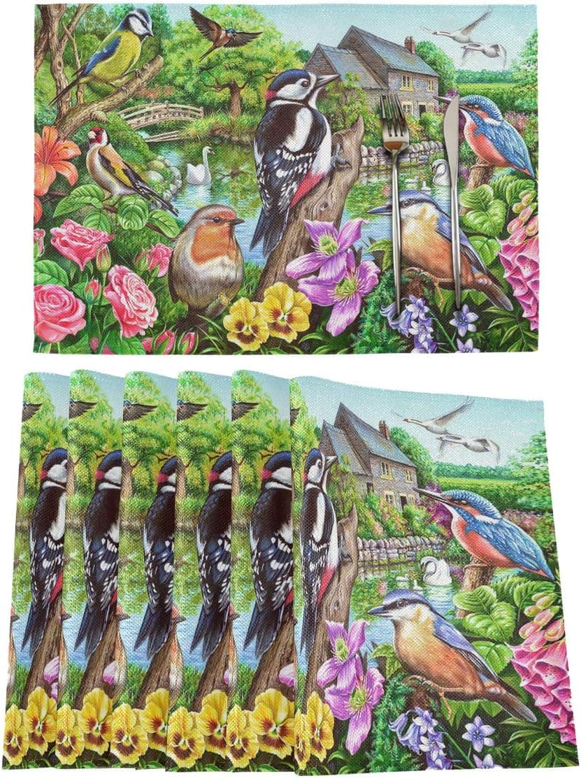 Bird Spring Flowers Placemats Heat-Resistant Placemats Stain Resistant Anti-Skid Washable Flax Table Mats, Set of 6 2030087
