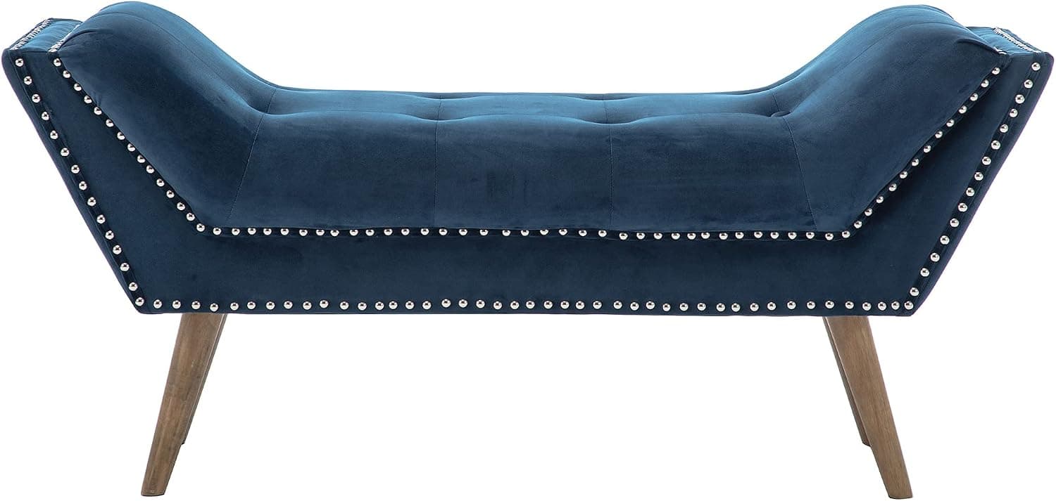 DUOMAY Velvet Upholstered Accent Ottoman Bench with Arms for Bedroom End of Bed, Button Tufted Rectangle Vanity Entryway Bench with Nail Trim for Closet, Blue