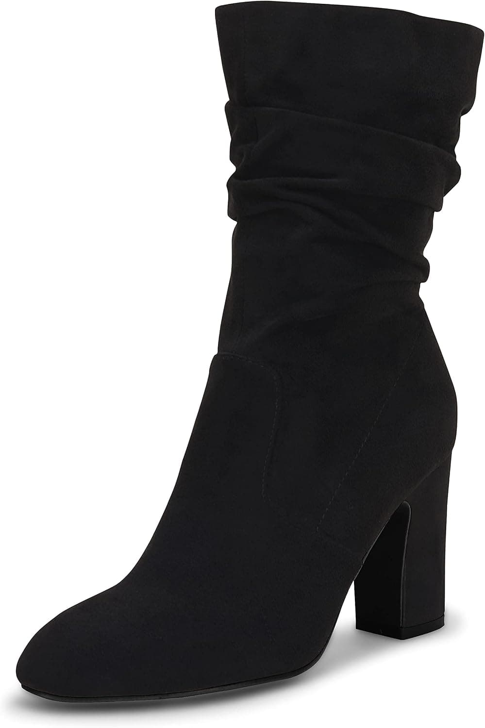 Coutgo Women's Mid Calf Slouchy Boots Suede High Heel Zip Stacked Chunky Block Round Toe Booties