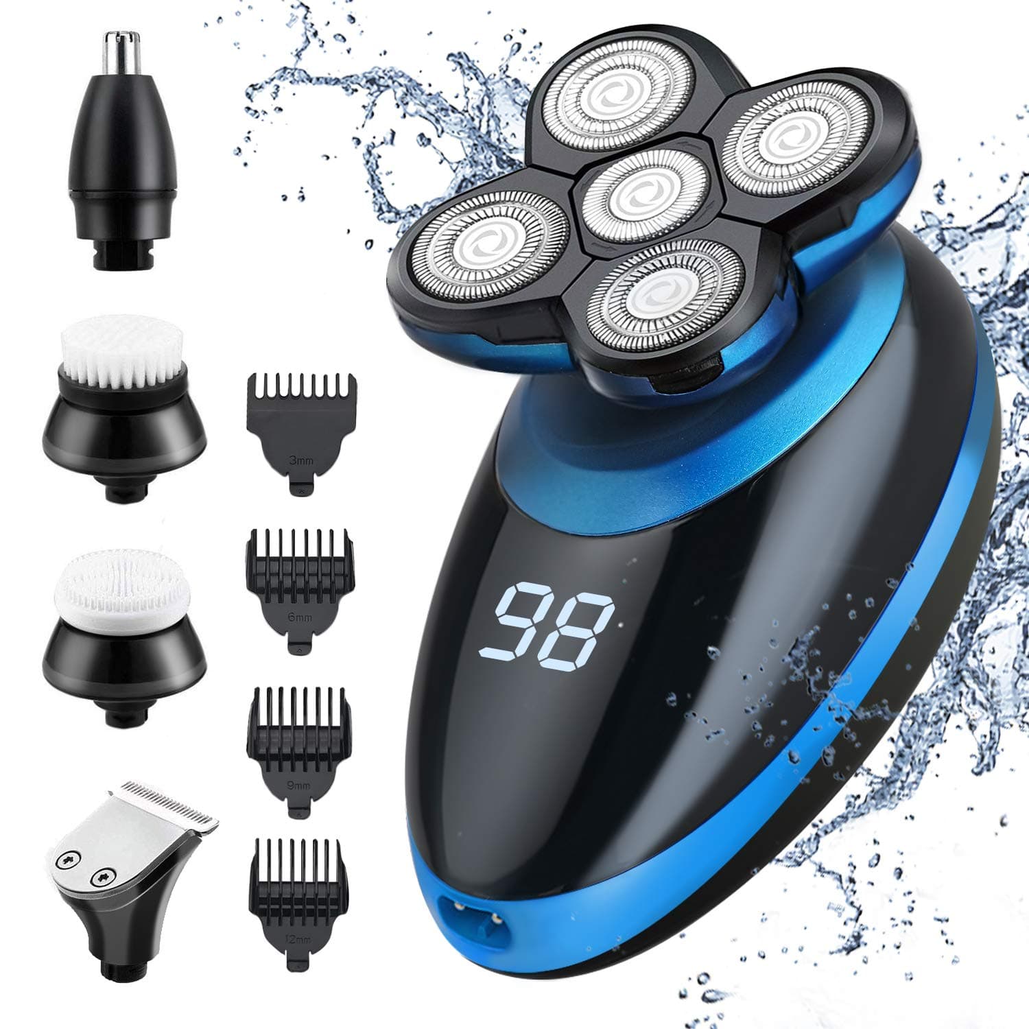 Electric Shaver for Men Grooming Kit with Rotary Shaver Hair Nose Trimmer, LED Display, IPX5 Waterproof Dry Wet Shaving & USB Rechargeable（Blue)