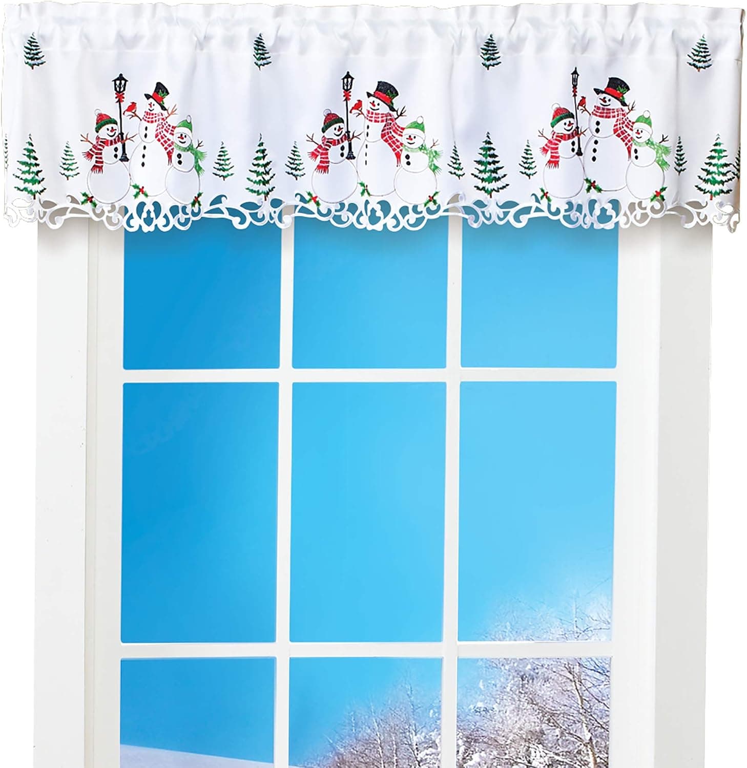 Collections Etc Festive Smiling Snowman Family Window Curtains | Exquisite Embroidery, Intricate Cutout Details | Rod Pocket Tops for Easy Hanging | Valance, Swags, Tier Set | Machine Wash, Polyester