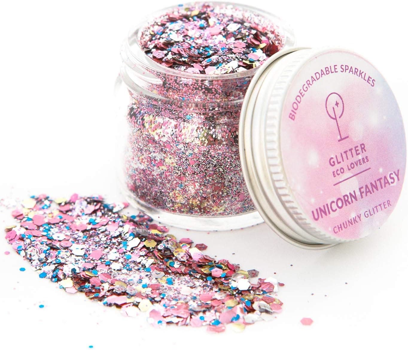 Unicorn Fantasy biodegradable chunky eco glitter (15m/8g) by Glitter Eco Lovers. Pretty pink eco-friendly, vegan and cruelty-free glitter for skin, hair, nails and décor for crafts, candles and waxes.