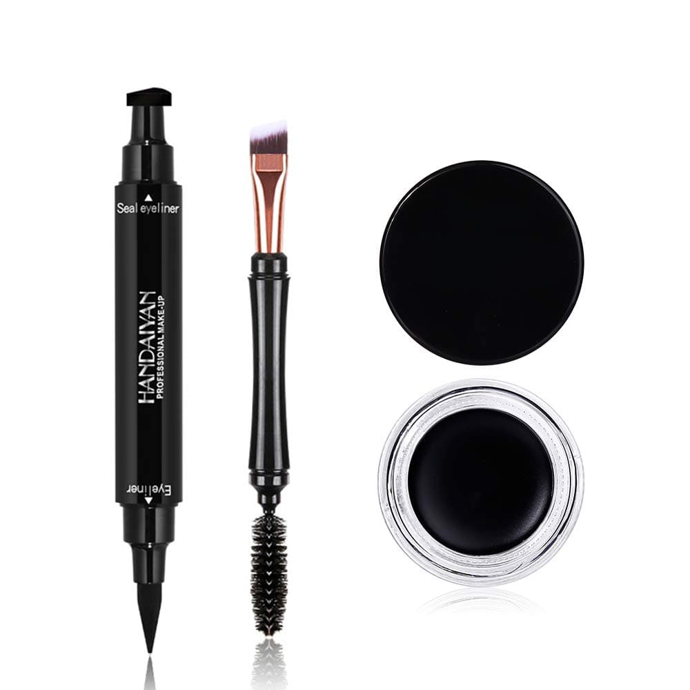 UCANBE Waterproof Eyeliner Cream + Dual-ended Black Liquid Winged Eyeliner Stamp Pen + Two Head Brush Set Makeup Long Lasting Quick Flick Smudge-proof Natural Eyes Liner (04 Black)
