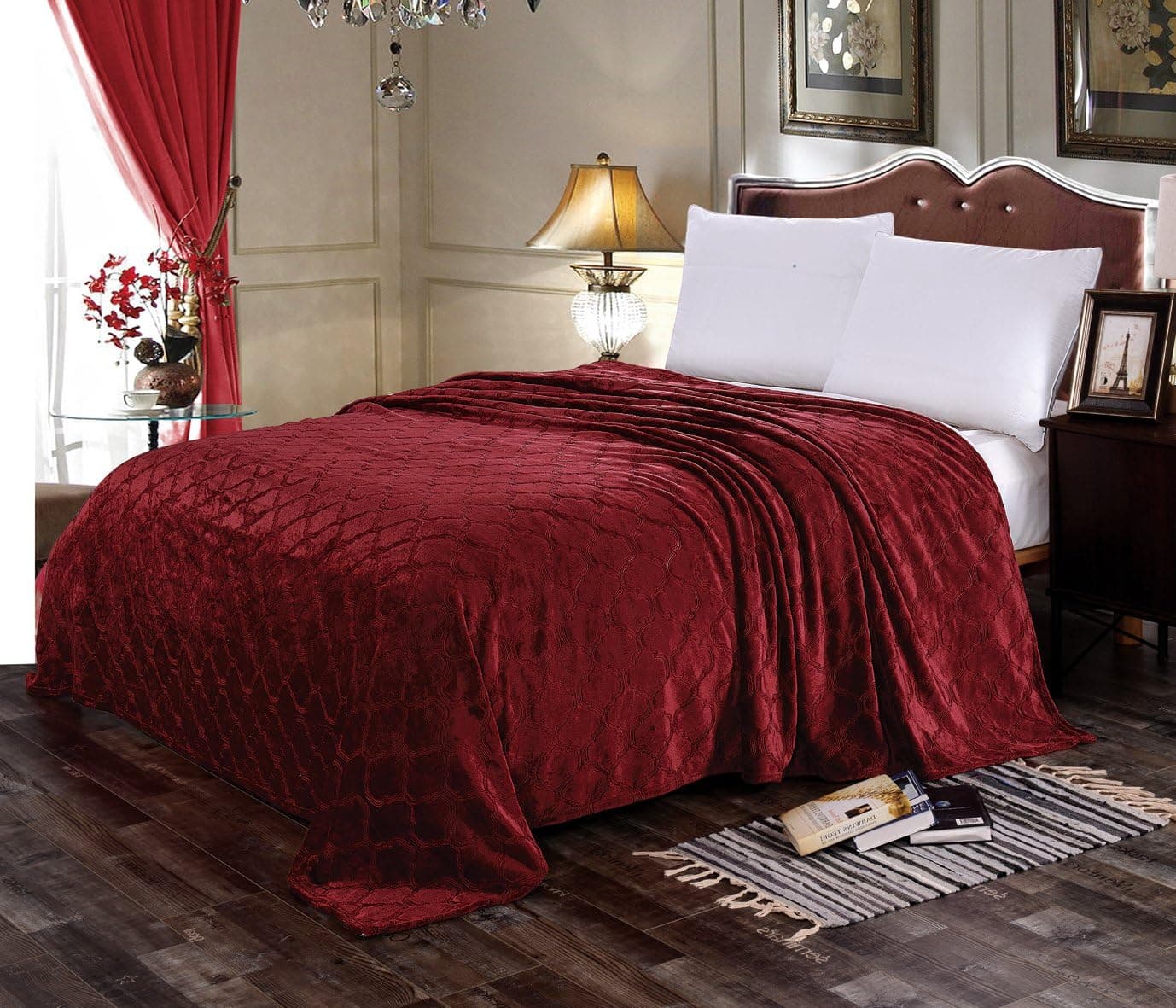 Mk Collection Super Soft Blanket Modern Embossed Solid New Warm Blanket (Queen/King, Burgundy)