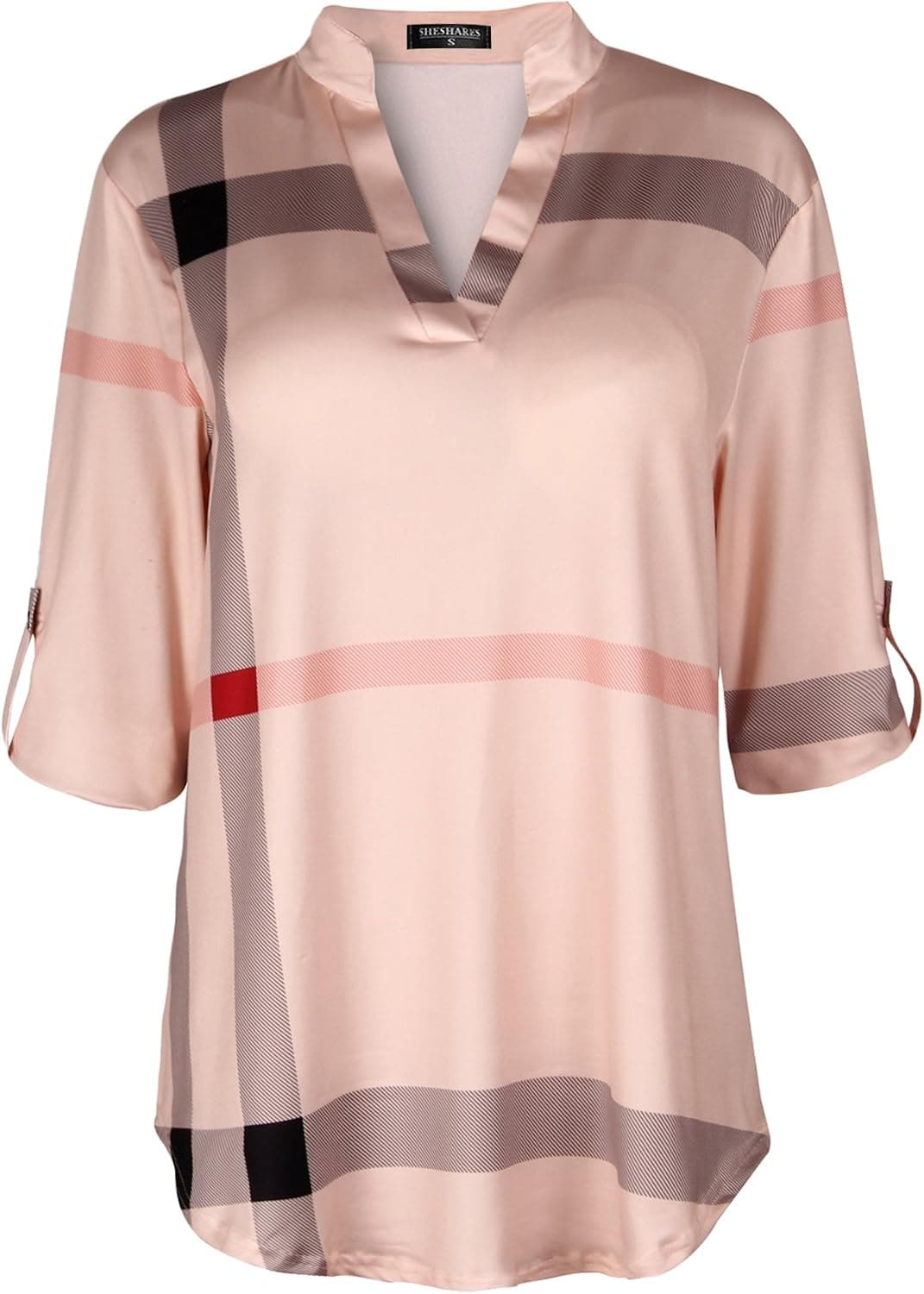 Sheshares Plaid Shirts for Women Plus Size Tops V Neck Roll Tab Sleeve Blouse