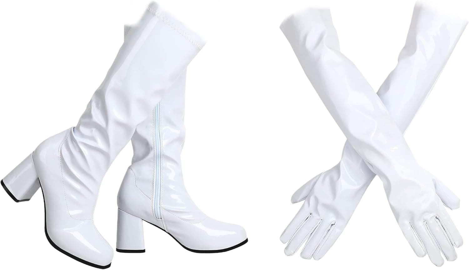 SATINIOR Women's Go Go Boots White, Over The Knee Block Heel Zipper Boot, Chunky Heel Knee High Boots with Women Long Faux Leather Gloves over Elbow Length for Cosplay, Disco, Evening Party