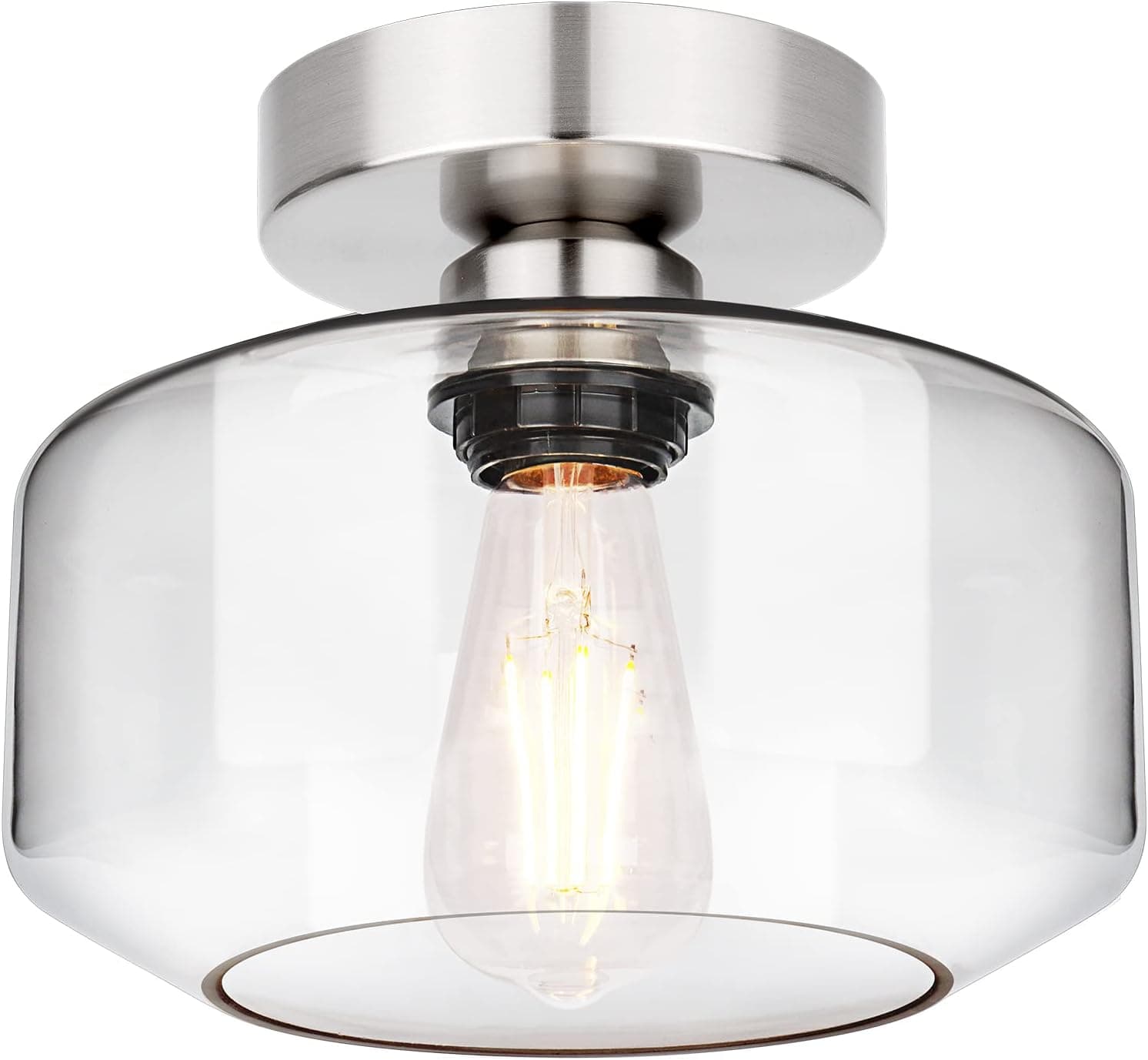 Industrial Semi Flush Mount Ceiling Light, 800 Lumen LED Bulb Included, Clear Glass Shade Ceiling Light Fixture, Farmhouse Light Fixture for Hallway Corridor Kitchen Bathroom Bedroom, Brushed Nickel
