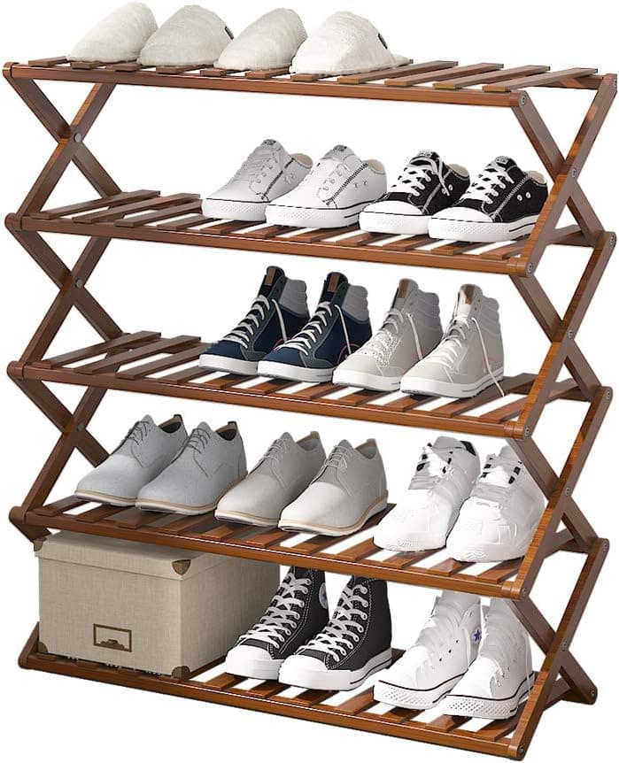 UDEAR Bamboo Shoe Rack,Foldable Free Standing Shoe Shelf Storage Organizer Multifunction,Free Installation,Living Room,Bathroom,Aisle，27.6×11.02×31.5inches,5-Tier,Dark Brown