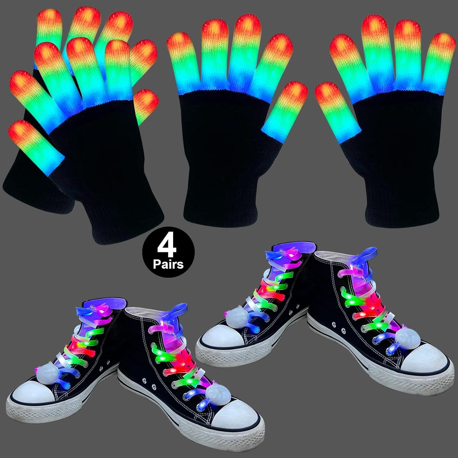 4 Pairs LED Gloves Shoelaces Set, Christmas Stocking Stuffers Gifts for Kids 4-10 Years Old Light Up Gloves New Years Party Favors Toys for Boys Girls New Years Eve Glow in The Dark Party Supplies