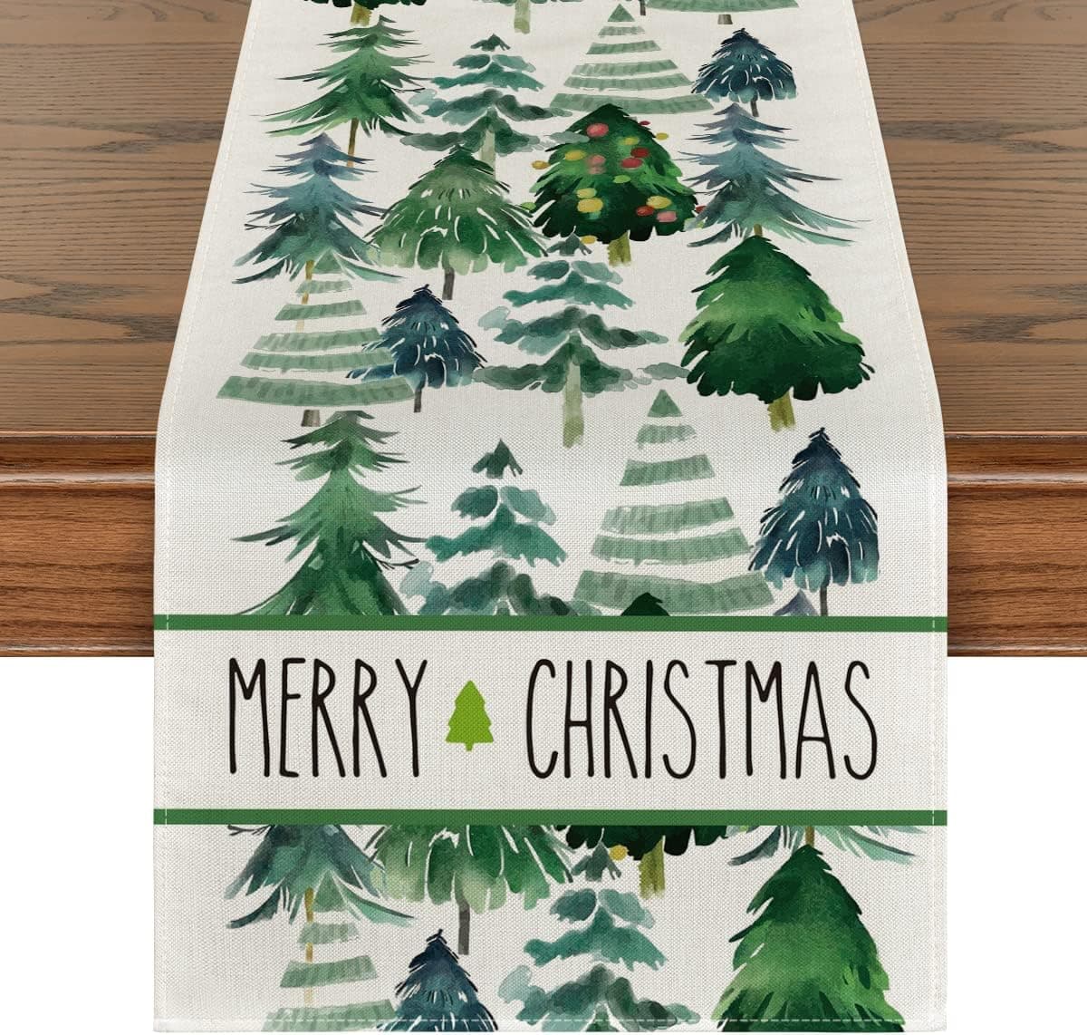 Artoid Mode Watercolor Green Trees Merry Christmas Table Runner, Seasonal Winter Xmas Holiday Kitchen Dining Table Decoration for Indoor Outdoor Home Party Decor 13 x 90 Inch
