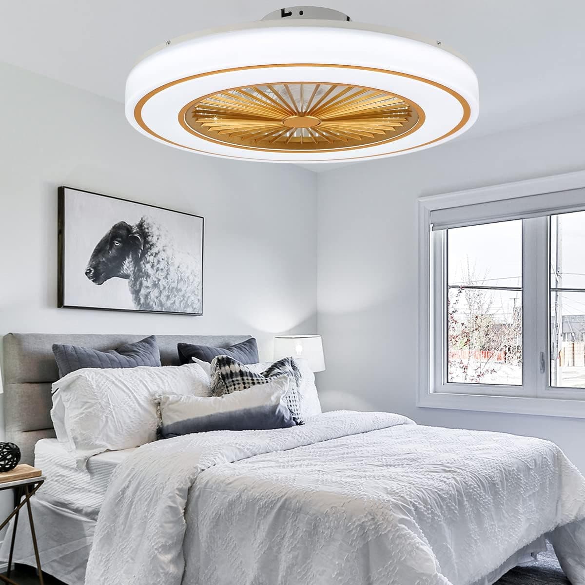 YYEHON Modern Ceiling Fan with Lights, Low Profile Semi Flush Mount Fandelier with Remote Control, 3 Speed Quiet Fan with Invisible ABS Blades and 3-Color LED Lights, 22 Inch, Golden