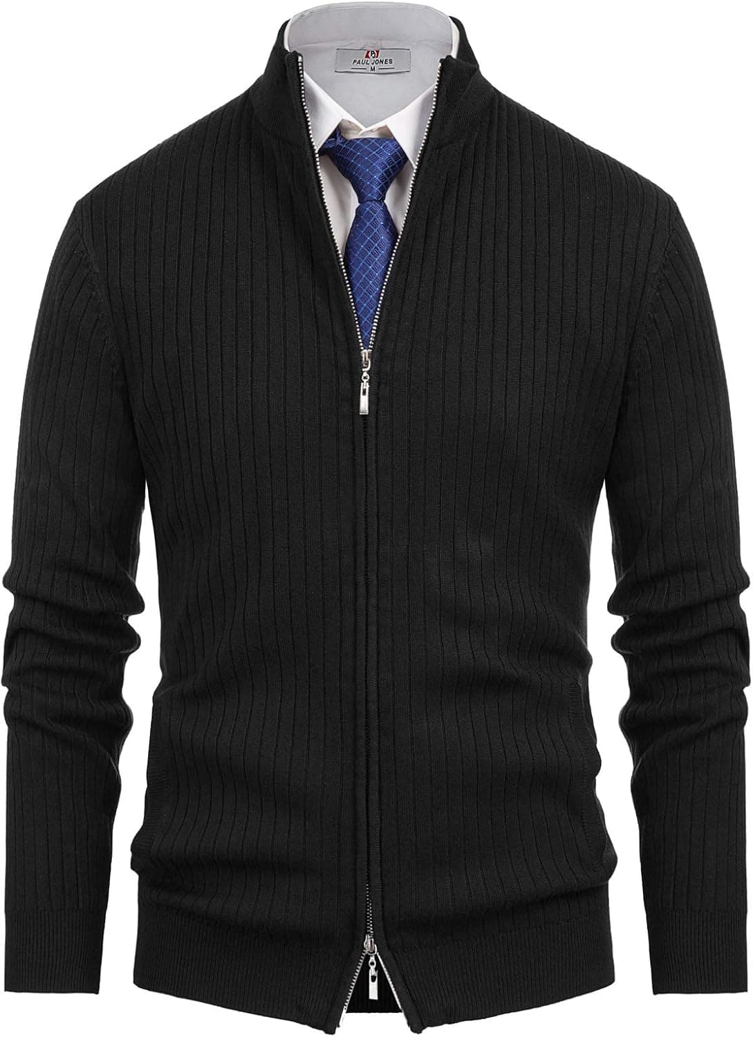 PJ PAUL JONES Men's Zipper Cardigan Sweaters Ribbed Stand Collar Slim Fit Black M