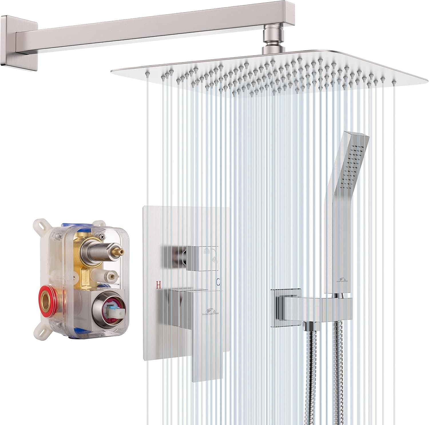 Rain Shower Faucet System Set: SunCleanse Rainfall Shower Faucets Sets Complete Shower Combo Set, Wall Mounted Modern Luxury Shower Systems with 8" Rain Shower and Handheld Shower Mixer Valve, Nickel