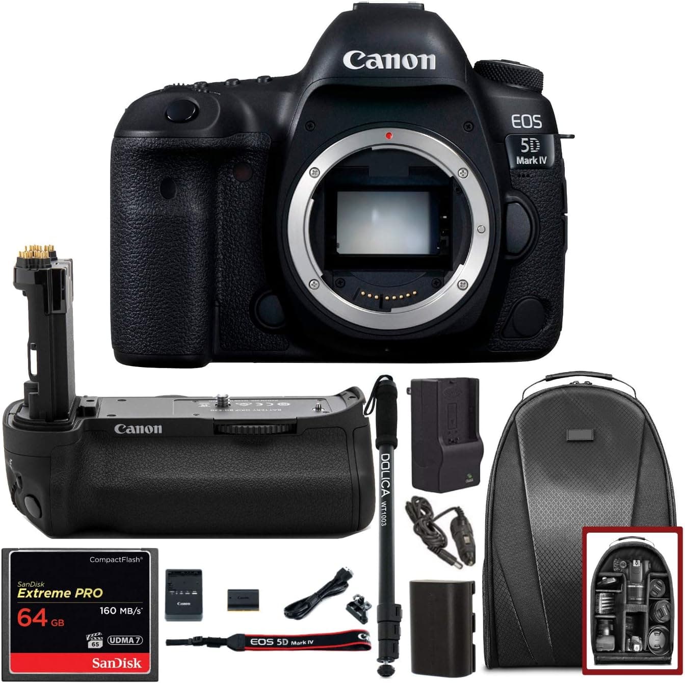 Canon EOS 5D Mark IV Full Frame Digital SLR Camera Body DSLR Bundle + Original Canon BG-E20 Battery Grip + 64GB SD Card Backpack & Double Battery Charger - Advanced Photography & Travel Bundle