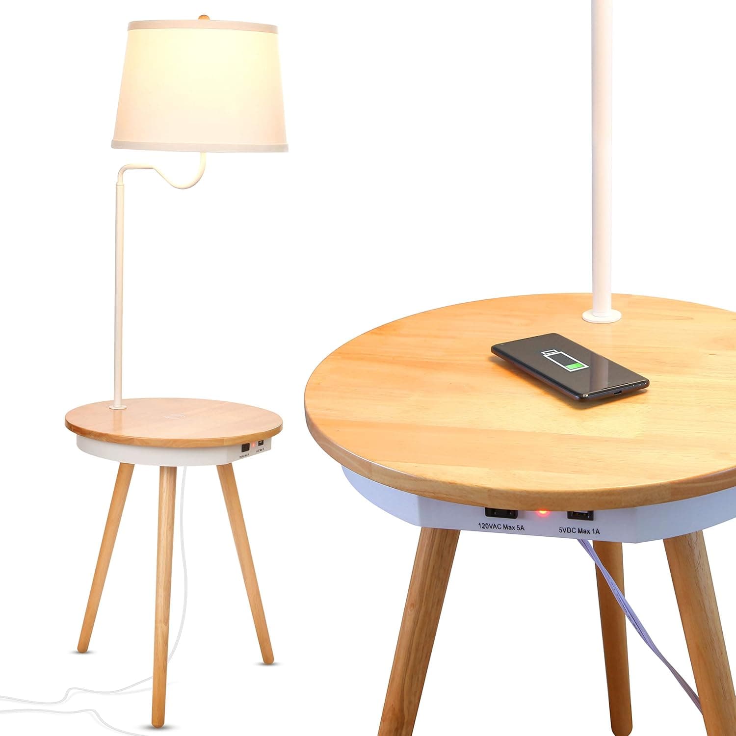 Brightech Owen Table & Lamp Combo with LED Bulb, Desk Lamp with USB Port, Bedside Reading Lamp, Modern End Table with Floor Lamp for Bedroom, Living Room, Office - Wood, Mid Century Modern