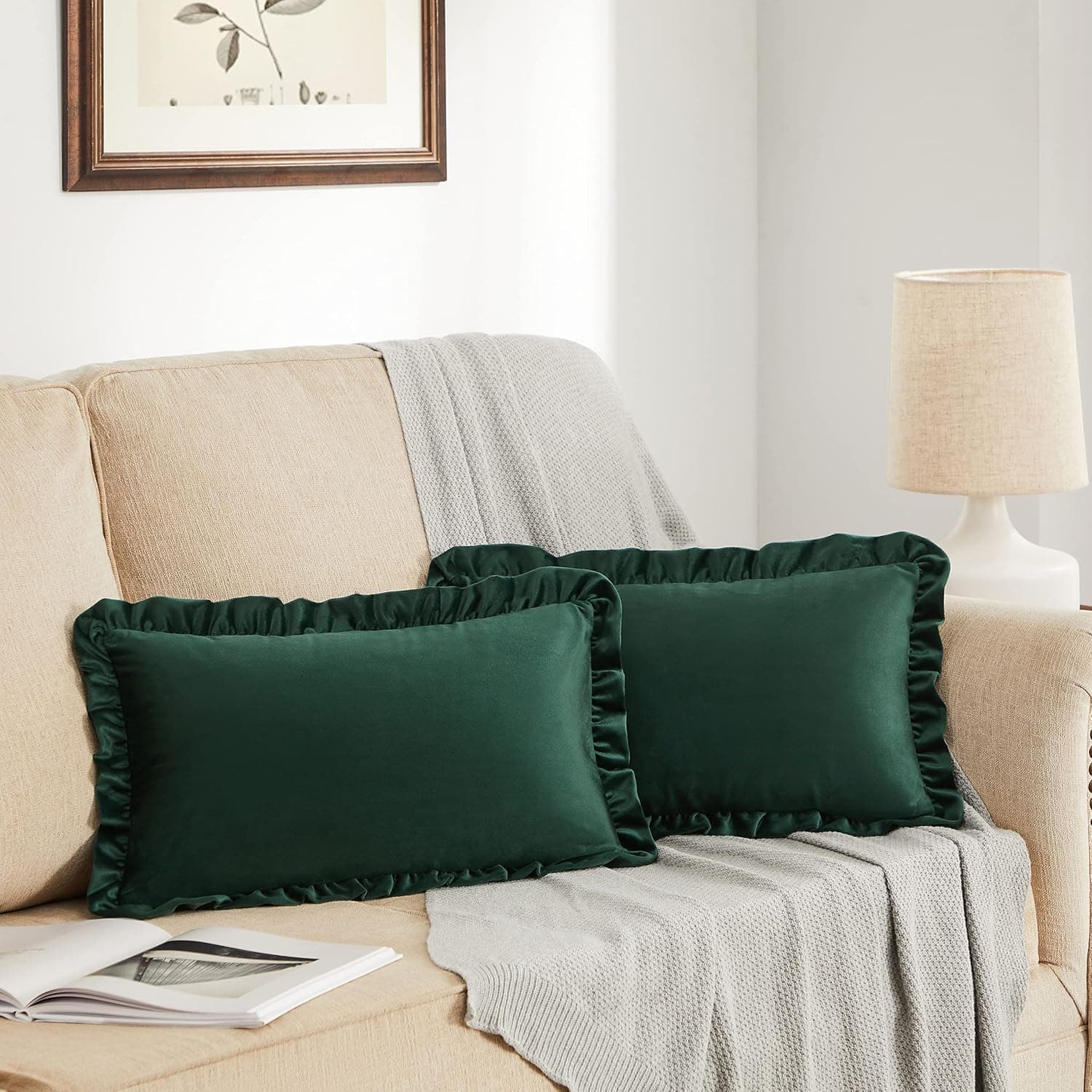 GIGIZAZA Army Green Lumbar Throw Pillow Covers, 12x20 Decorative Velvet Ruffle Cushion Pillow Covers for Sofa Couch Set of 2